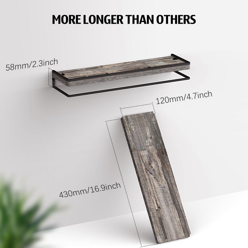 Meangood Floating Shelves Wall Mounted Set of 2, Wall Shelf with Towel Bar Rustic Wood Wall Storage Shelves for Bedroom,Living Room,Bathroom, Kitchen Pine - Image 4
